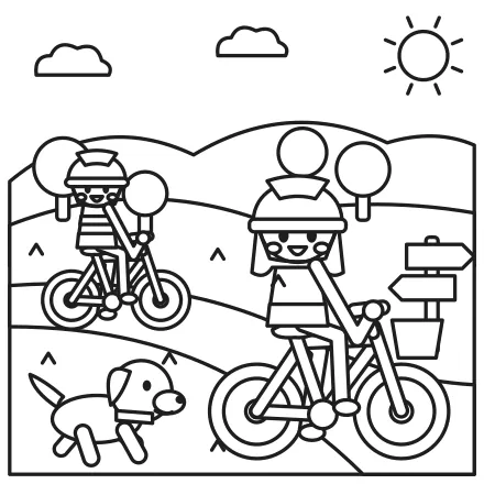 Omaľovánka Cyklovýlet so psíkom – čiernobiela predloha na vytlačenie