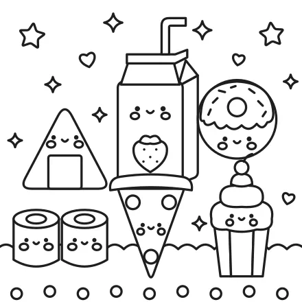 Omaľovánka Kawaii jedlo na párty