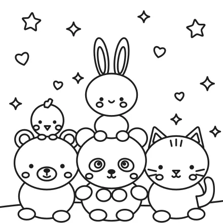 Omaľovánka Kawaii zvieratká v objatí