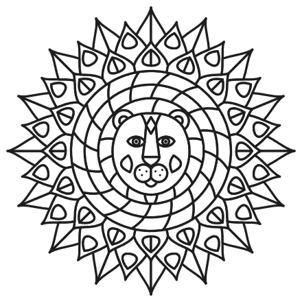 Omaľovánka Mandala s levom – čiernobiela predloha na vytlačenie