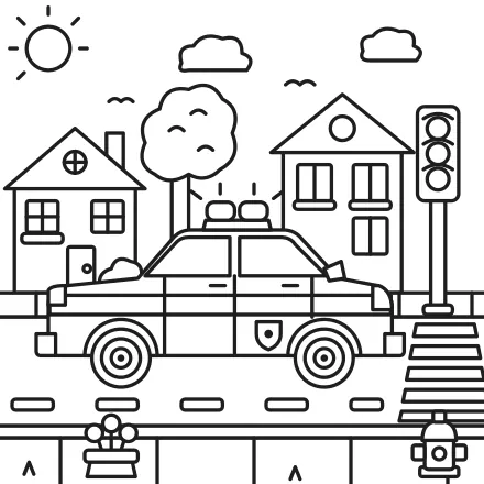 Omaľovánka Policajné auto v meste – čiernobiela predloha na vytlačenie
