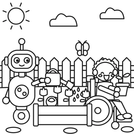Omaľovánka Robot polieva záhradku