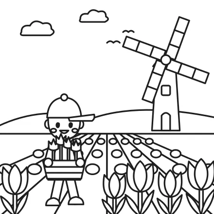Omaľovánka Tulipánové pole s mlynom