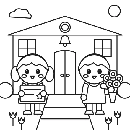 Omaľovánka Vysvedčenie a kytica – čiernobiela predloha na vytlačenie