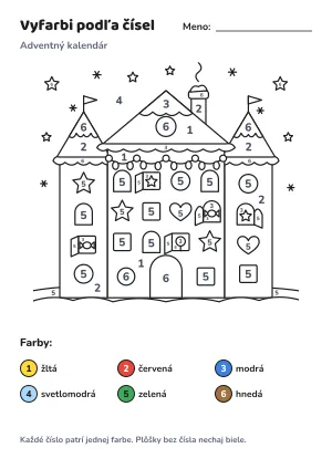 Adventný kalendár – vyfarbi podľa čísel – list na vytlačenie