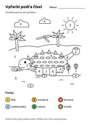 Ankylosaurus pri potoku – vyfarbi podľa čísel – list na vytlačenie