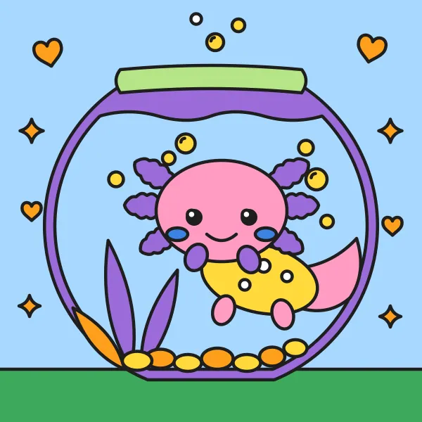 Axolotl v akváriu vyfarbená podľa čísel – ukážka hotového obrázka