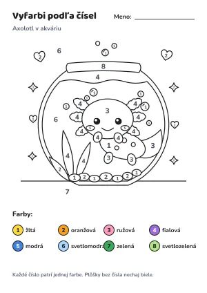Axolotl v akváriu – vyfarbi podľa čísel – list na vytlačenie