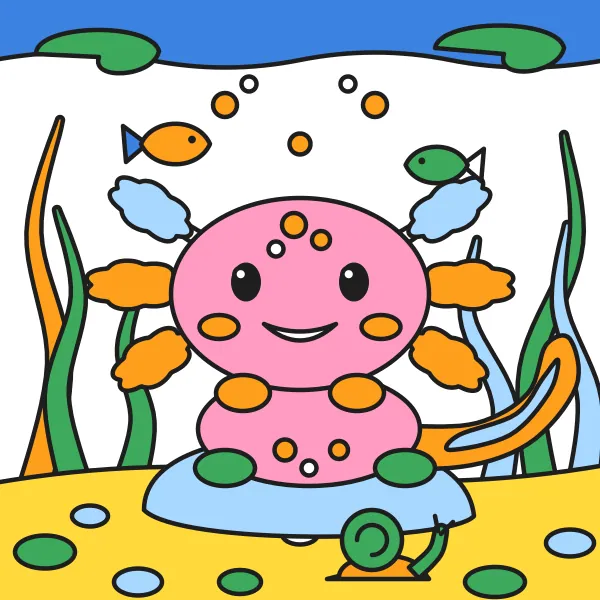 Axolotl v jazierku vyfarbená podľa čísel – ukážka hotového obrázka