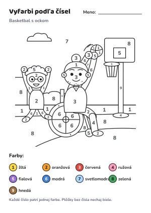 Basketbal s ockom – vyfarbi podľa čísel – list na vytlačenie