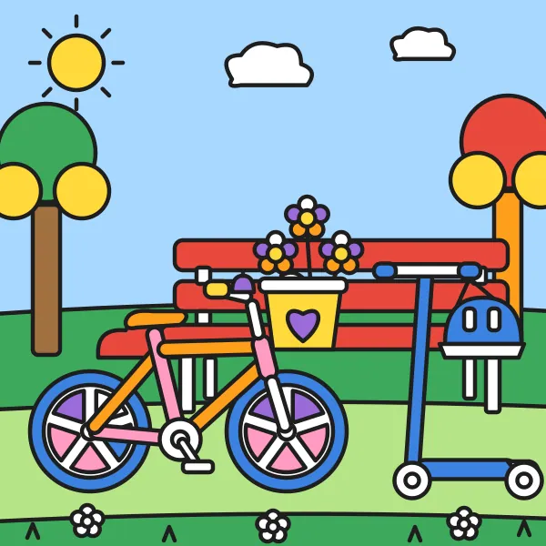 Bicykel a kolobežka vyfarbená podľa čísel – ukážka hotového obrázka