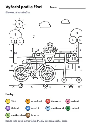 Bicykel a kolobežka – vyfarbi podľa čísel – list na vytlačenie