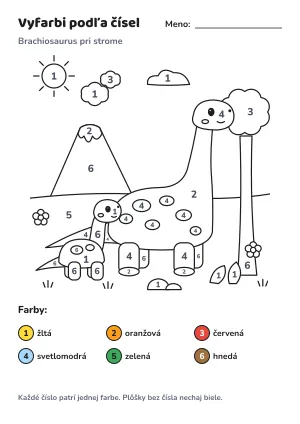 Brachiosaurus pri strome – vyfarbi podľa čísel – list na vytlačenie