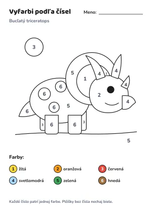 Bucľatý triceratops – vyfarbi podľa čísel – list na vytlačenie