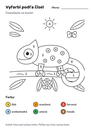 Chameleón na konári – vyfarbi podľa čísel – list na vytlačenie