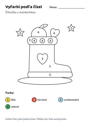 Čižmička s mandarínkou – vyfarbi podľa čísel – list na vytlačenie