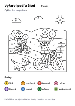 Cyklovýlet so psíkom – vyfarbi podľa čísel – list na vytlačenie