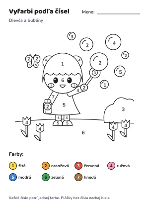 Dievča a bubliny – vyfarbi podľa čísel – list na vytlačenie