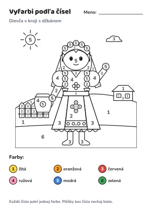 Dievča v kroji s džbánom – vyfarbi podľa čísel – list na vytlačenie