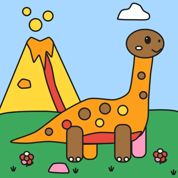 Dinosaurík Dodo vyfarbená podľa čísel – ukážka hotového obrázka