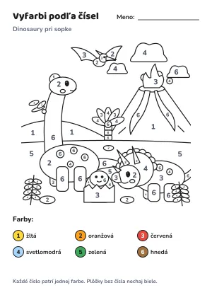 Dinosaury pri sopke – vyfarbi podľa čísel – list na vytlačenie