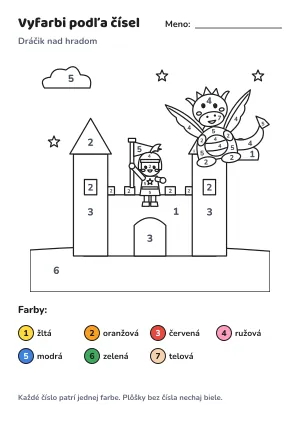 Dráčik nad hradom – vyfarbi podľa čísel – list na vytlačenie