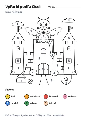 Drak na hrade – vyfarbi podľa čísel – list na vytlačenie