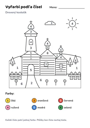 Drevený kostolík – vyfarbi podľa čísel – list na vytlačenie