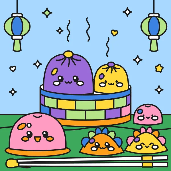 Dumpling squishy vyfarbená podľa čísel – ukážka hotového obrázka