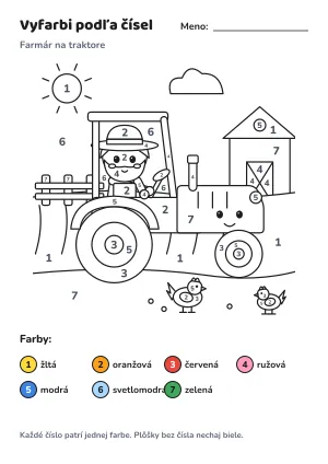 Farmár na traktore – vyfarbi podľa čísel – list na vytlačenie