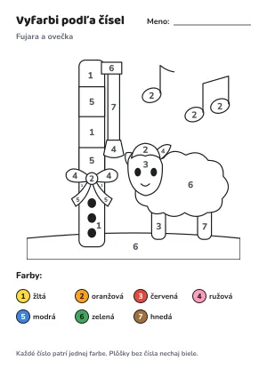 Fujara a ovečka – vyfarbi podľa čísel – list na vytlačenie