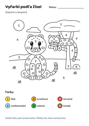 Gepard a leopard – vyfarbi podľa čísel – list na vytlačenie