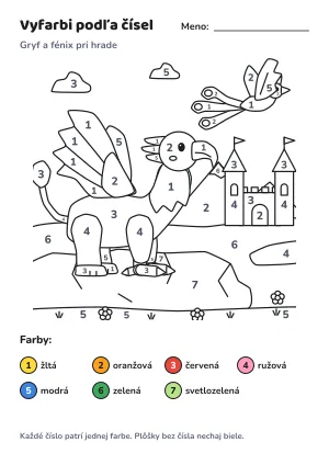 Gryf a fénix pri hrade – vyfarbi podľa čísel – list na vytlačenie
