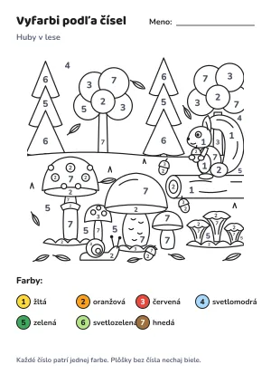 Huby v lese – vyfarbi podľa čísel – list na vytlačenie