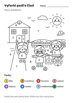 Hurá, prázdniny! – vyfarbi podľa čísel – list na vytlačenie