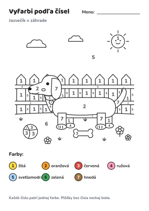 Jazvečík v záhrade – vyfarbi podľa čísel – list na vytlačenie