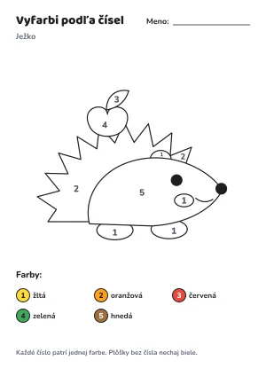 Ježko – vyfarbi podľa čísel – list na vytlačenie