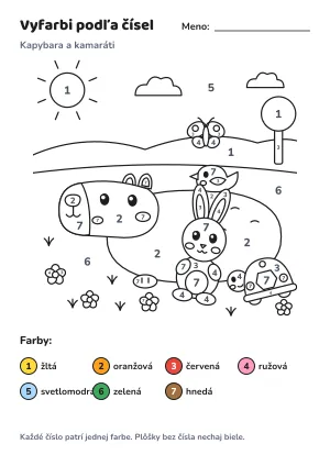 Kapybara a kamaráti – vyfarbi podľa čísel – list na vytlačenie
