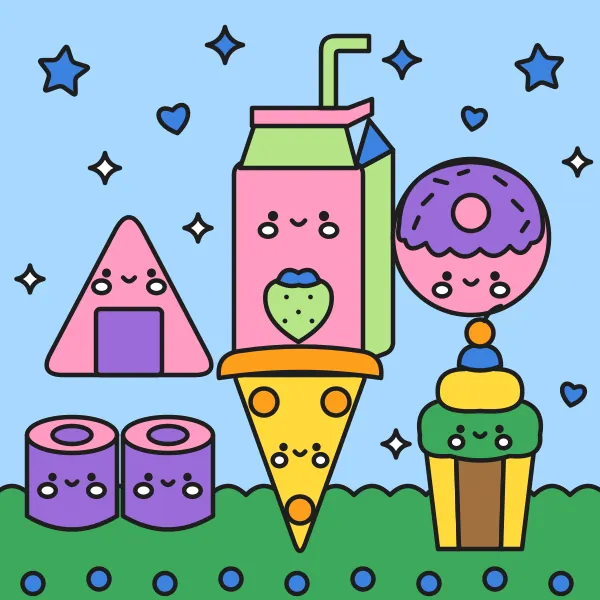 Kawaii jedlo na párty vyfarbená podľa čísel – ukážka hotového obrázka
