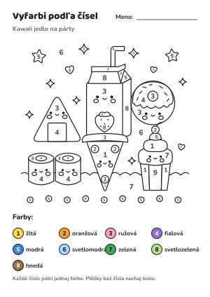 Kawaii jedlo na párty – vyfarbi podľa čísel – list na vytlačenie