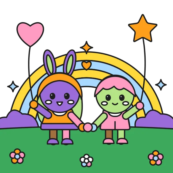 Kawaii kamaráti vyfarbená podľa čísel – ukážka hotového obrázka