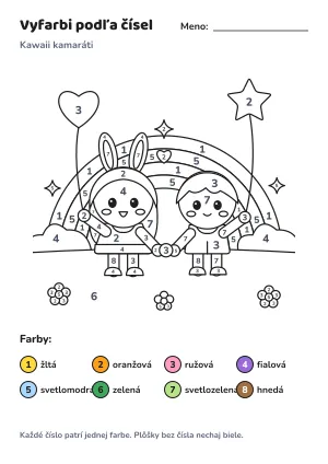 Kawaii kamaráti – vyfarbi podľa čísel – list na vytlačenie