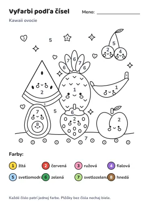 Kawaii ovocie – vyfarbi podľa čísel – list na vytlačenie
