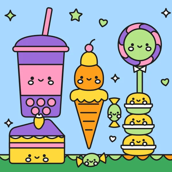 Kawaii sladkosti vyfarbená podľa čísel – ukážka hotového obrázka