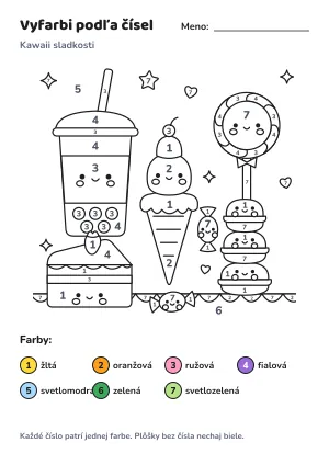 Kawaii sladkosti – vyfarbi podľa čísel – list na vytlačenie