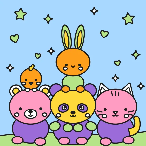 Kawaii zvieratká v objatí vyfarbená podľa čísel – ukážka hotového obrázka