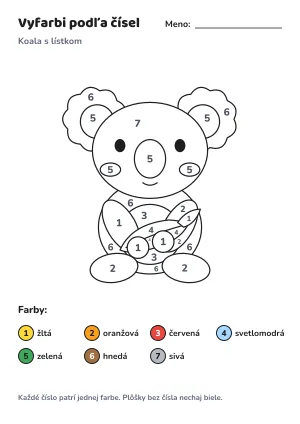Koala s lístkom – vyfarbi podľa čísel – list na vytlačenie