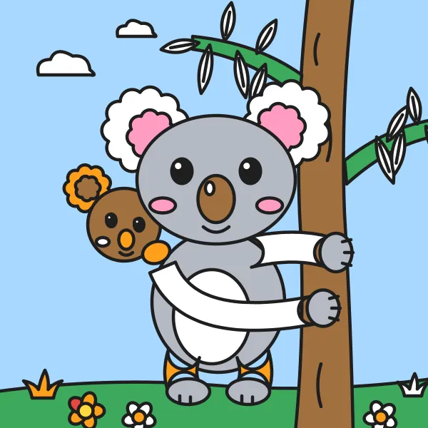 Koala s mláďatkom vyfarbená podľa čísel – ukážka hotového obrázka