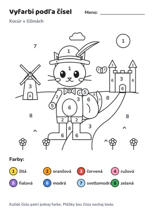 Kocúr v čižmách – vyfarbi podľa čísel – list na vytlačenie