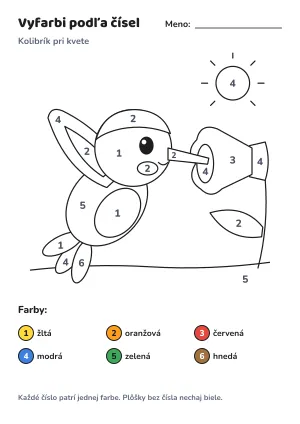 Kolibrík pri kvete – vyfarbi podľa čísel – list na vytlačenie